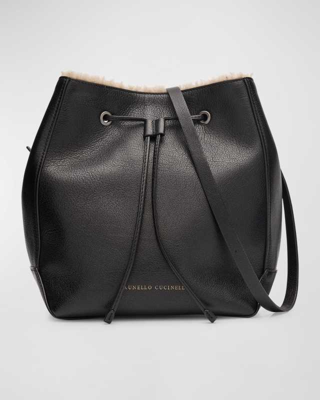 Geometric Sheep Shearling Fur Lined Bucket Bag