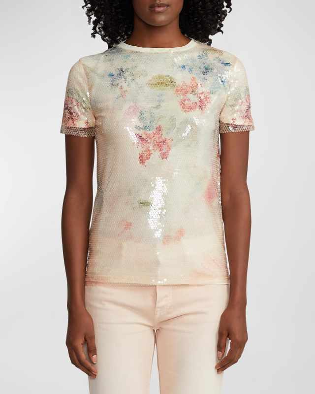 Sequin Wildflower-Print Layered Short-Sleeve T-Shirt