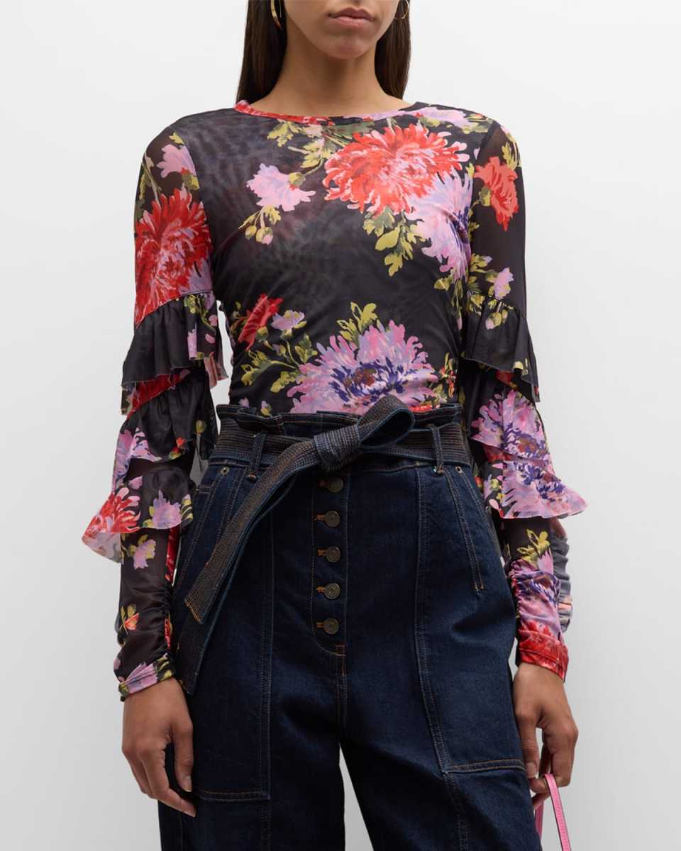 Elle Floral-Print Ruffle-Sleeve Shirred Top