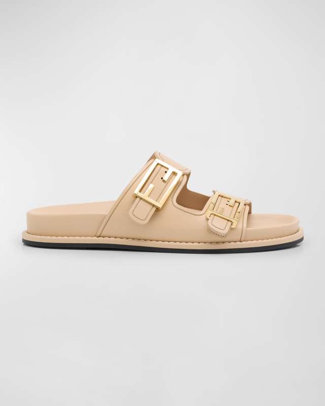 F Buckle Leather Slide Sandals