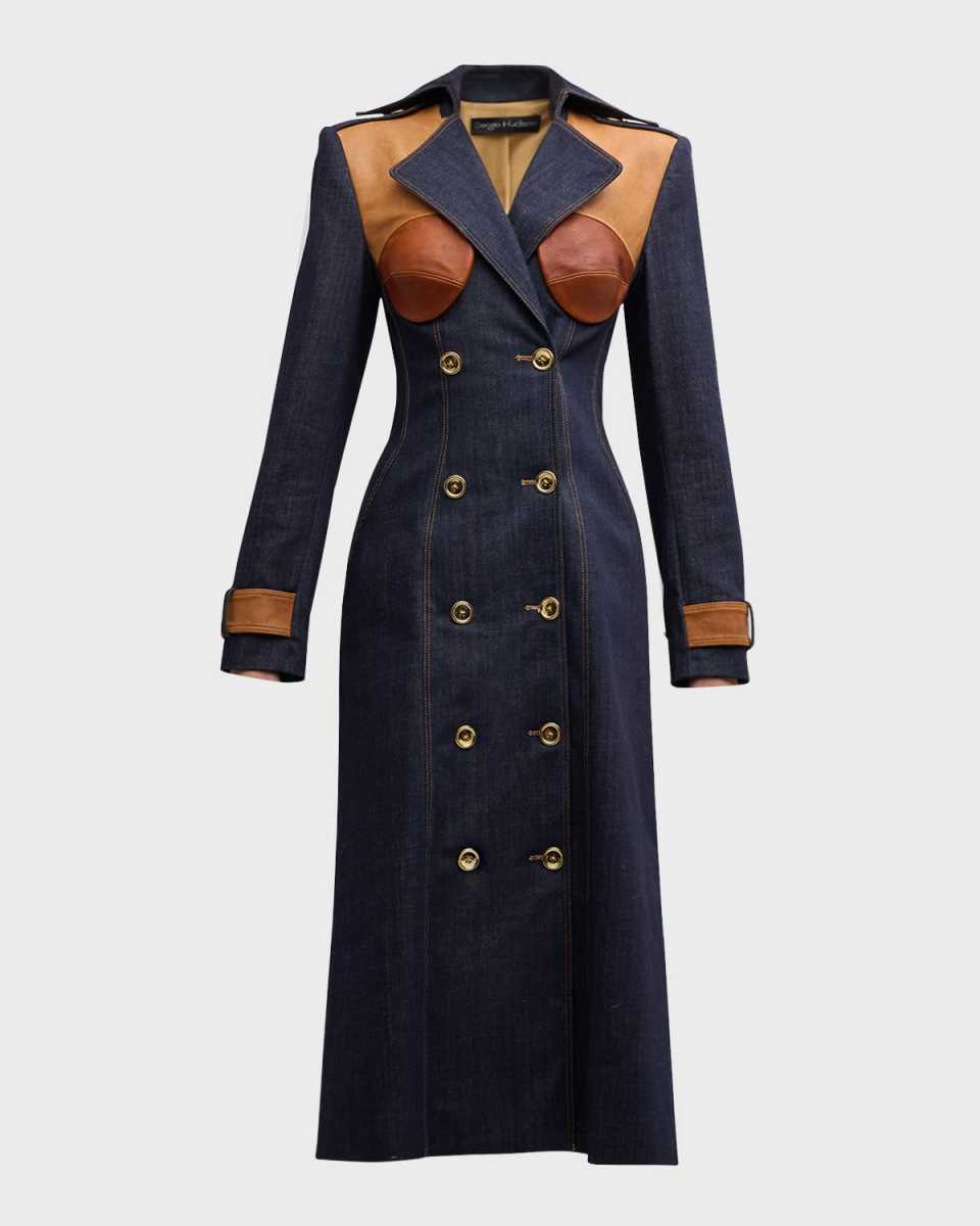 Leather Combo Bustier Double-Breasted Midi Dress