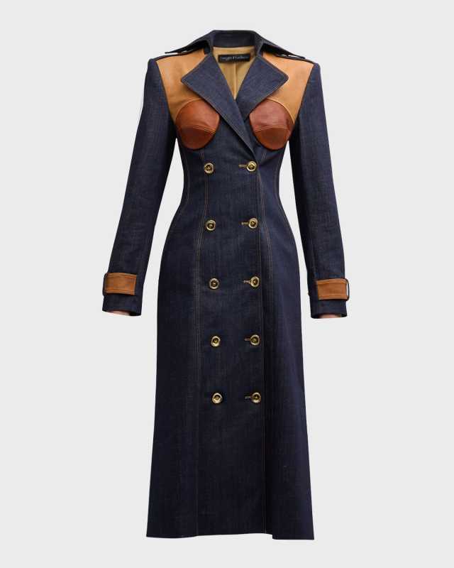 Leather Combo Bustier Double-Breasted Midi Dress