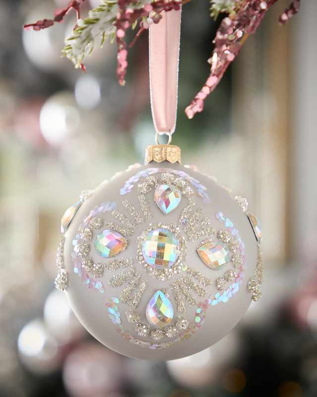 Silver Matte Ball Christmas Ornament with Crystals