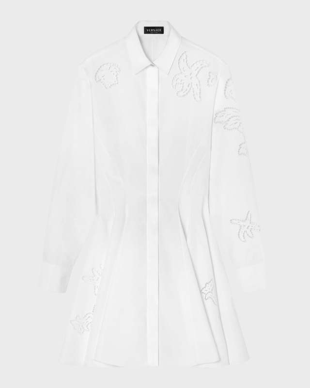 Baroque A Jour Embroidered Cotton Poplin Long-Sleeve Mini Shirtdress