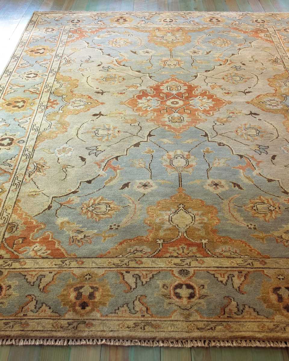 Damask on Blue Hand-Knotted Oushak Rung, 3' x 10'