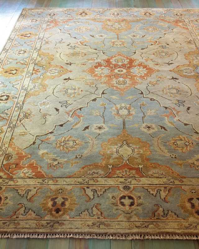 Damask on Blue Hand-Knotted Oushak Rung, 3' x 10'