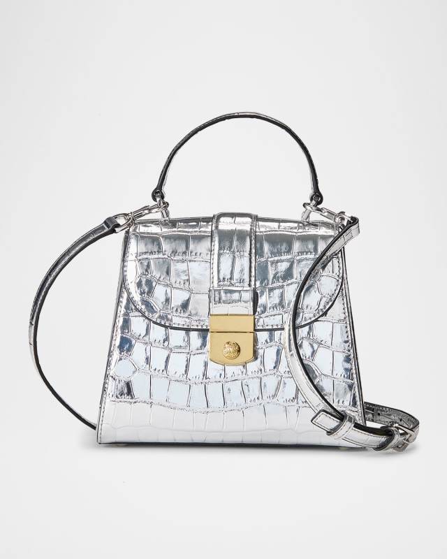 Crest Metallic Croc-Embossed Leather Top-Handle Bag