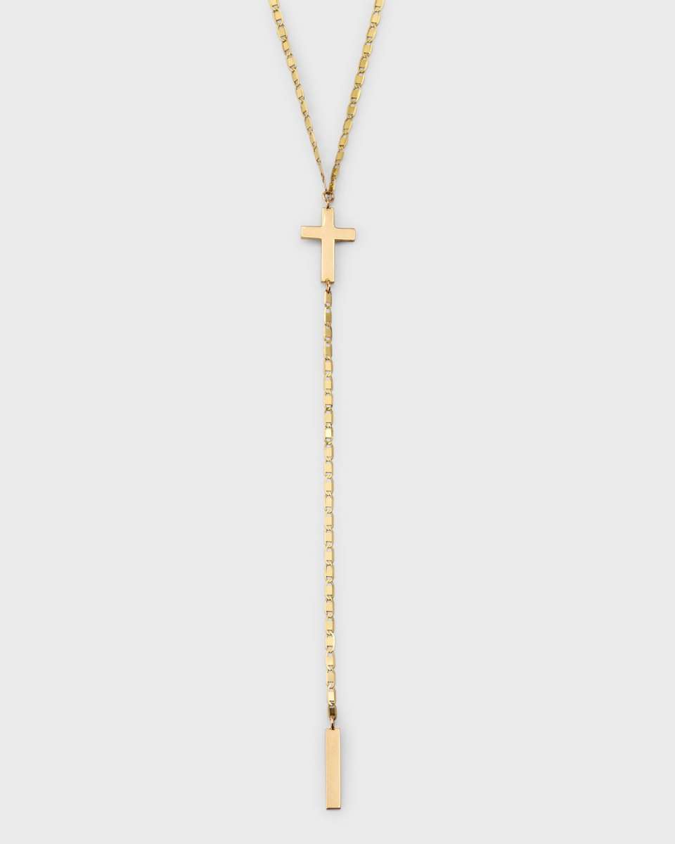 14K Yellow Gold Petite Malibu Cross Bar Lariat Necklace, 18"