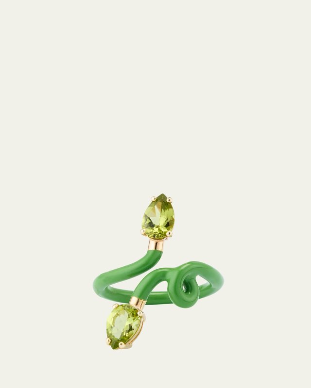 Double Vine Tendril Ring with Green Enamel and Drop-Cut Peridot