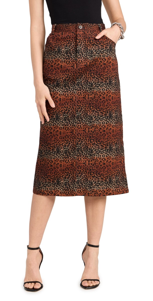 BruceGlen Linear Leopard High Waist Midi Denim Skirt Linear Leopard