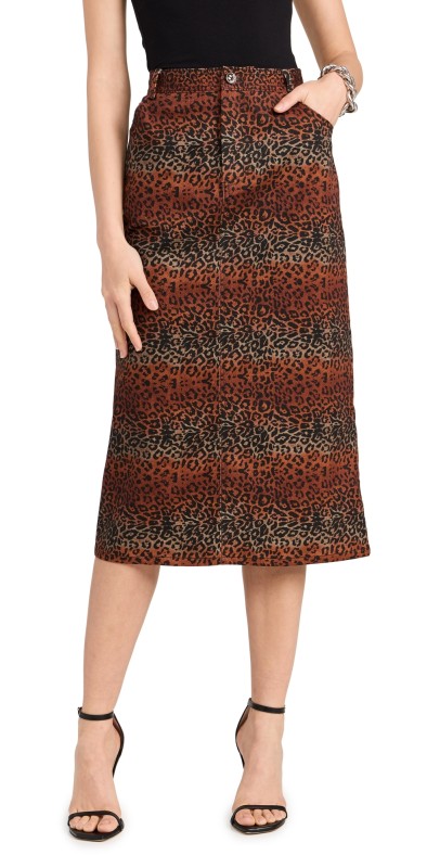 BruceGlen Linear Leopard High Waist Midi Denim Skirt Linear Leopard