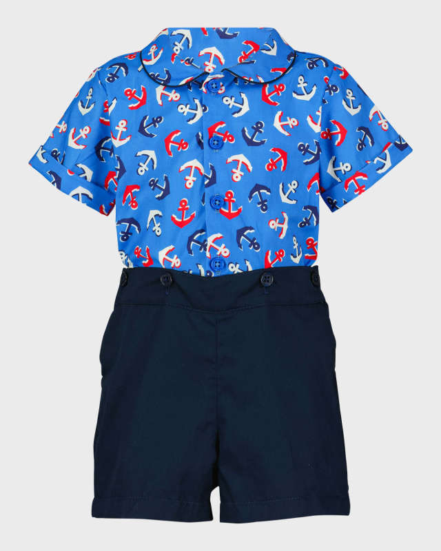 Boy's Anchor-Print Shirt and Shorts Set, Size 6M-24
