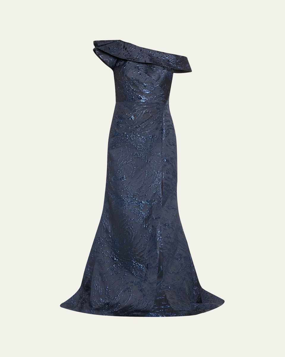 One-Shoulder Metallic Jacquard Trumpet Gown
