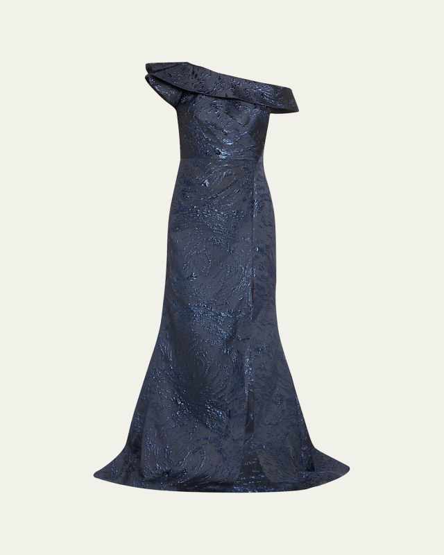 One-Shoulder Metallic Jacquard Trumpet Gown