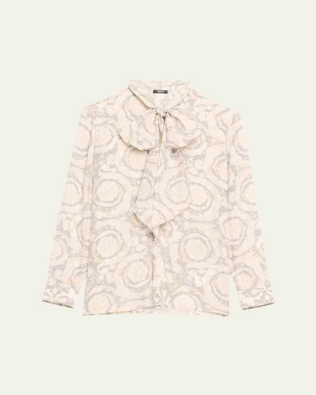 Baroque Print Button-Front Shirt with Tie Neck