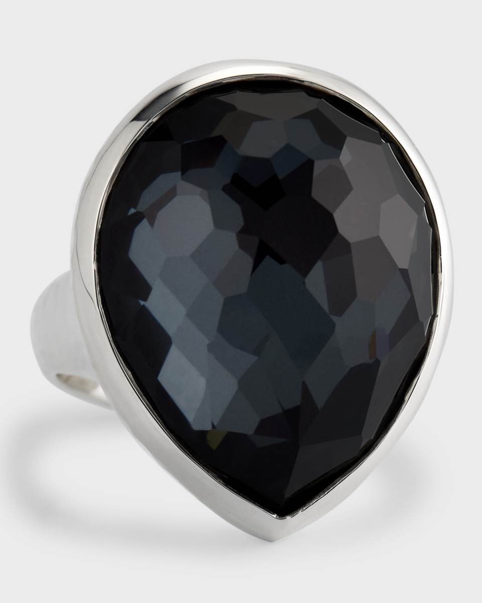 925 Rock Candy Teardrop Ring in Rock Crystal and Hematite Doublet