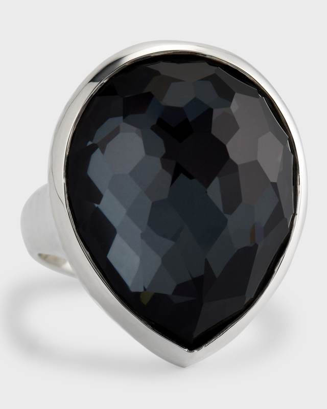 925 Rock Candy Teardrop Ring in Rock Crystal and Hematite Doublet