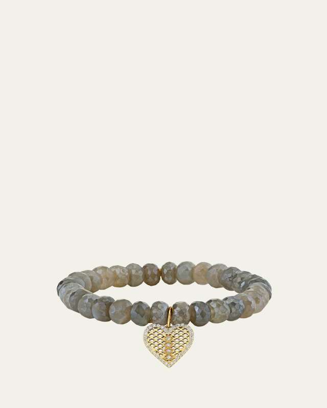Moonstone Bead & Diamond Marquise Eye Heart Charm Bracelet