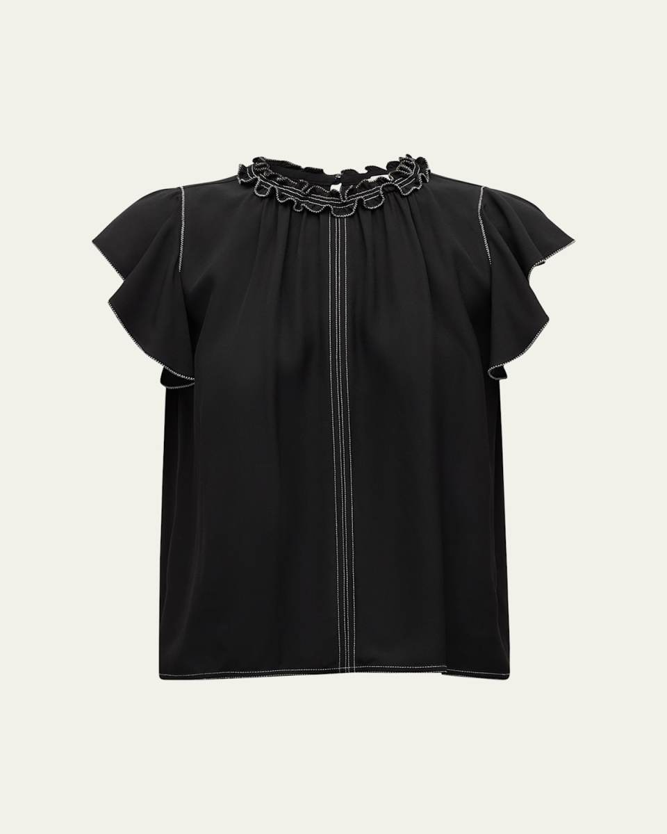 Julia Topstitched Ruffle-Sleeve Top