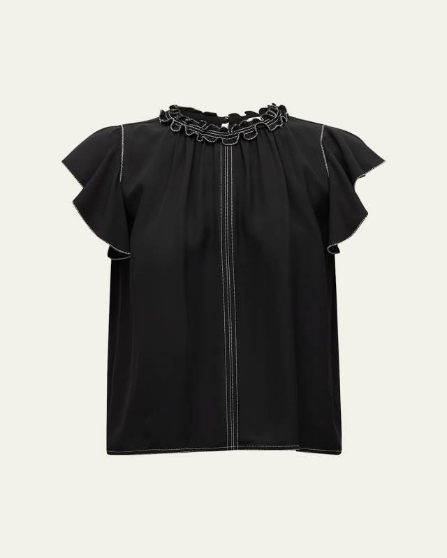 Julia Topstitched Ruffle-Sleeve Top