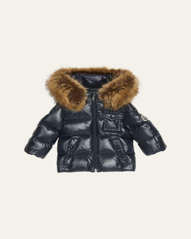 Kid's Shiny Puffer Jacket W/ Faux Fur Trim, Size 6M-