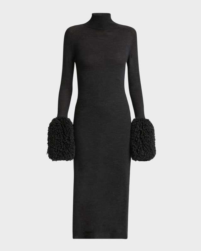 Bubble-Cuff Long-Sleeve Midi Sweater Dress
