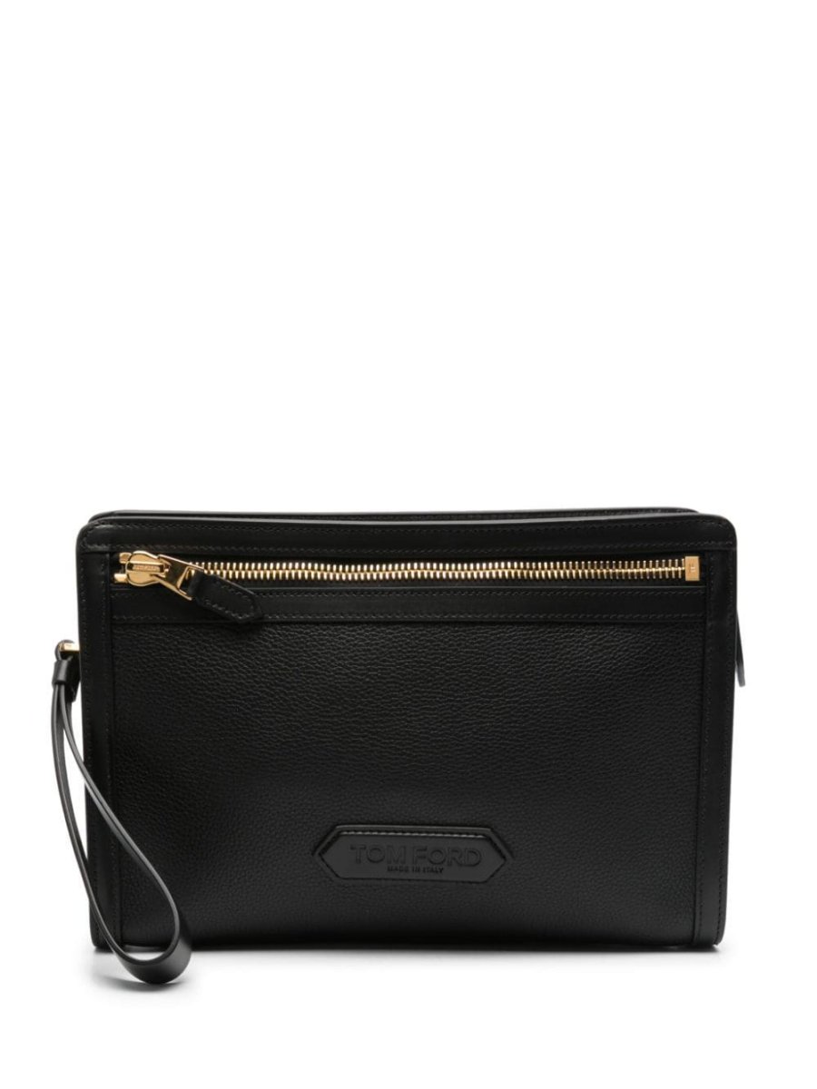 embossed-logo leather clutch