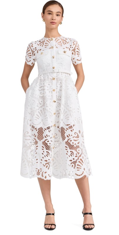 Self Portrait White Cotton Lace Button Midi Dress White