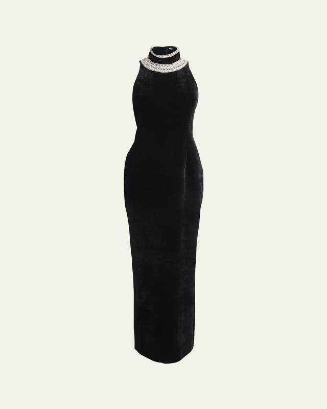 Velvet Open Back Gown with Crystal Embroidery