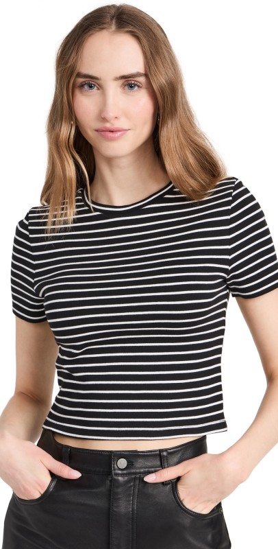 alice + olivia Cindy Boxy Classic Tee Black/Off White Stripe