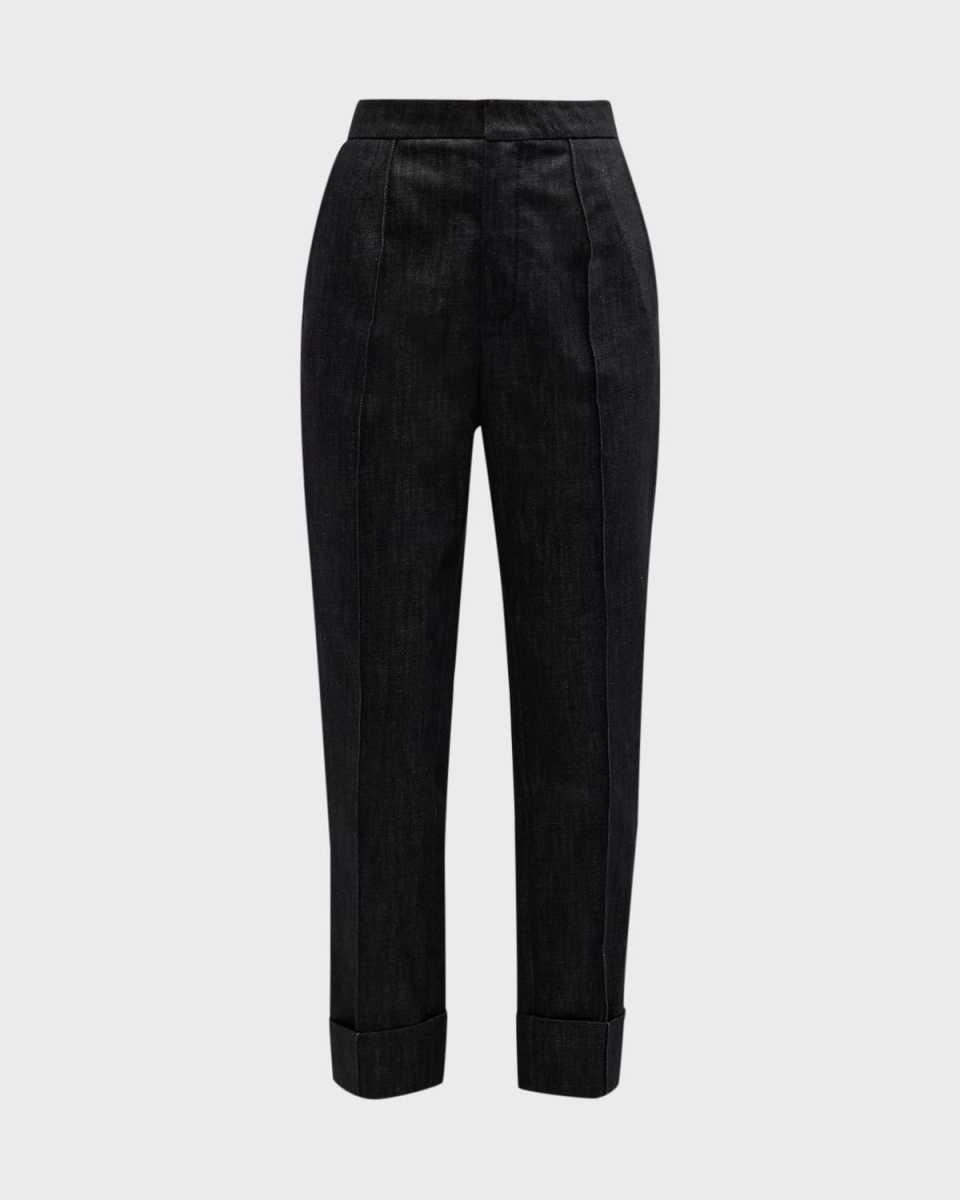 High-Rise Pintuck Straight-Leg Ankle Denim Pants