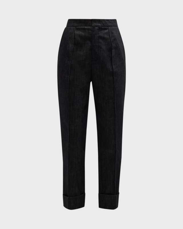High-Rise Pintuck Straight-Leg Ankle Denim Pants