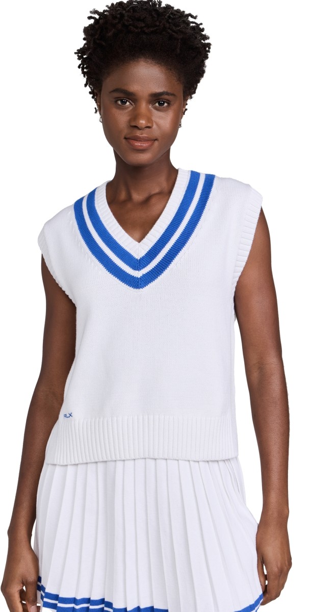 RLX Ralph Lauren Cotton V Neck Sweater Vest Pullover Cream White/Iris Blue
