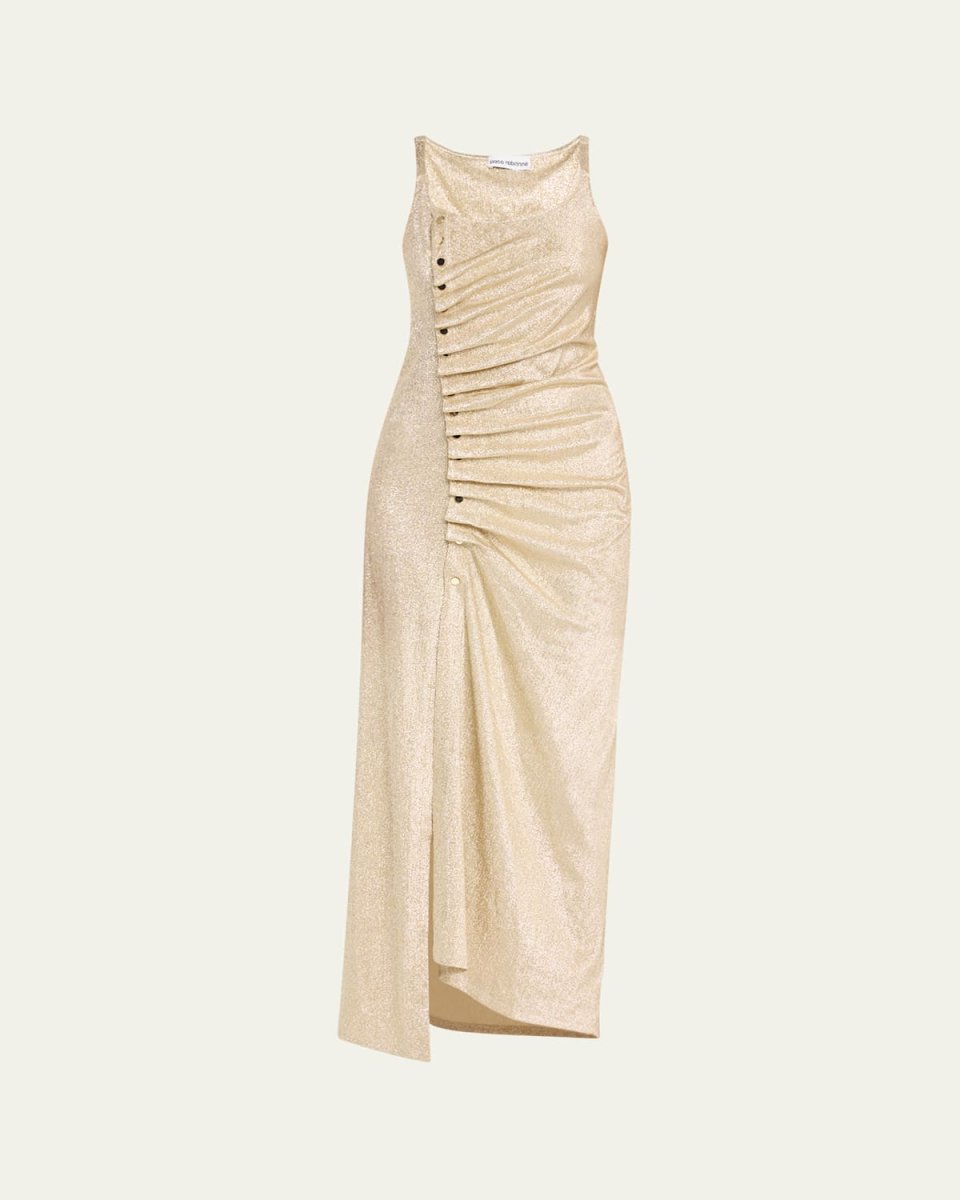 Metallic Ruched Snap Maxi Dress