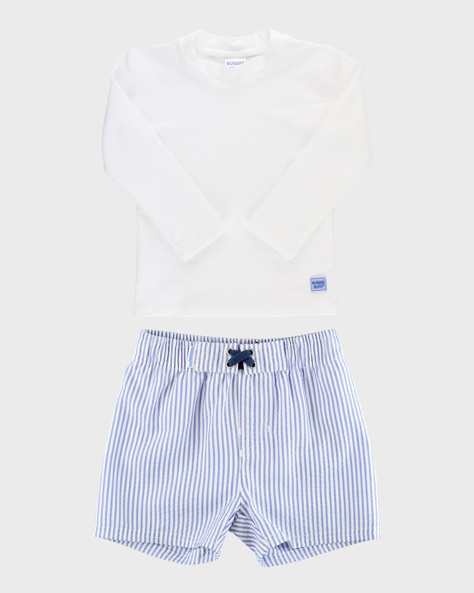 Boy's Periwinkle Striped Swim Shorts And Rashguard Set, Size 3
