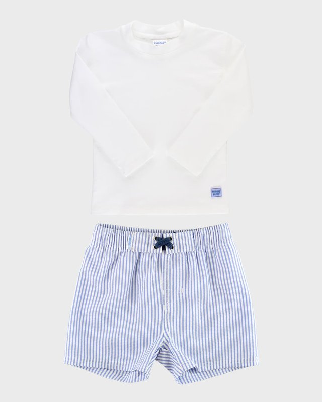 Boy's Periwinkle Striped Swim Shorts And Rashguard Set, Size 3
