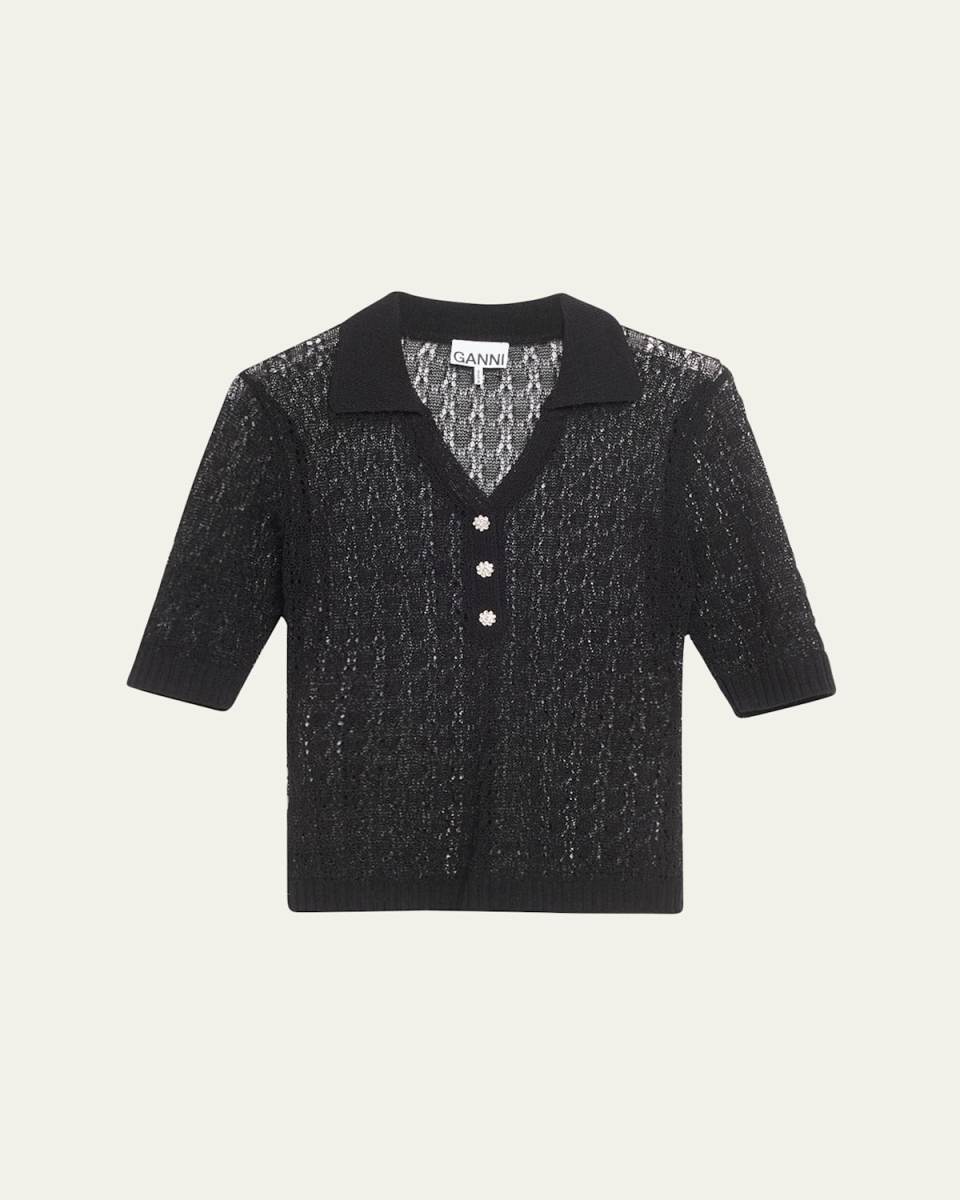 Shiny Pointelle Knit Short-Sleeve Polo Shirt