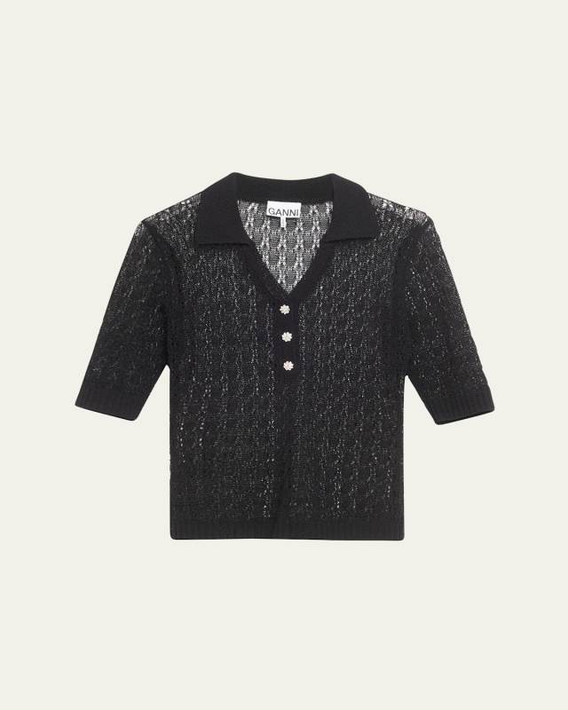 Shiny Pointelle Knit Short-Sleeve Polo Shirt