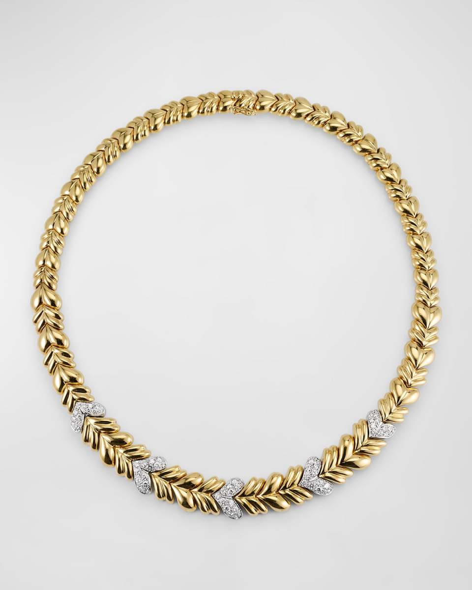 Estate 18K Yellow Gold and White Gold Tapered Corrugated Puff Necklace with Diamonds