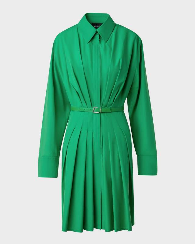 Long-Sleeve Pleated Cotton Poplin Shirtdress With Belt