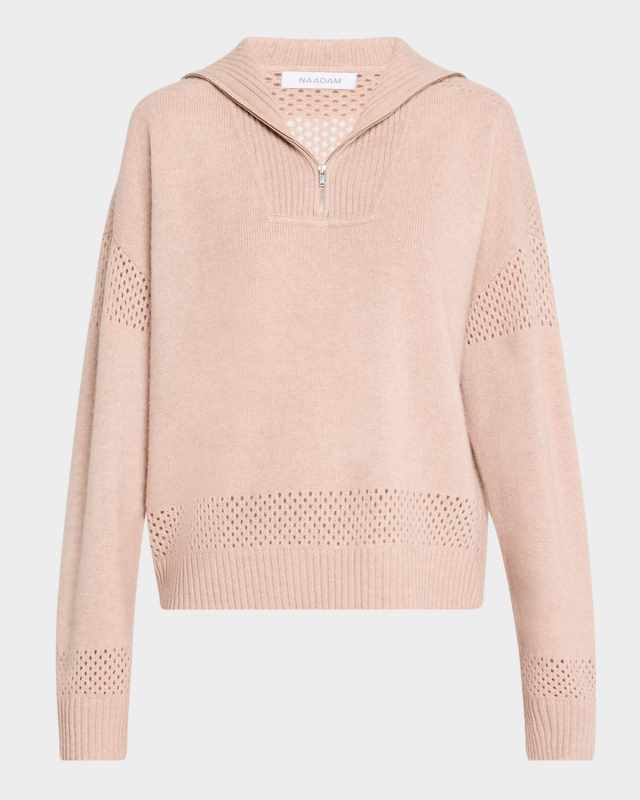 Mixed Stitch Wool-Cashmere Quarter Zip Pullov