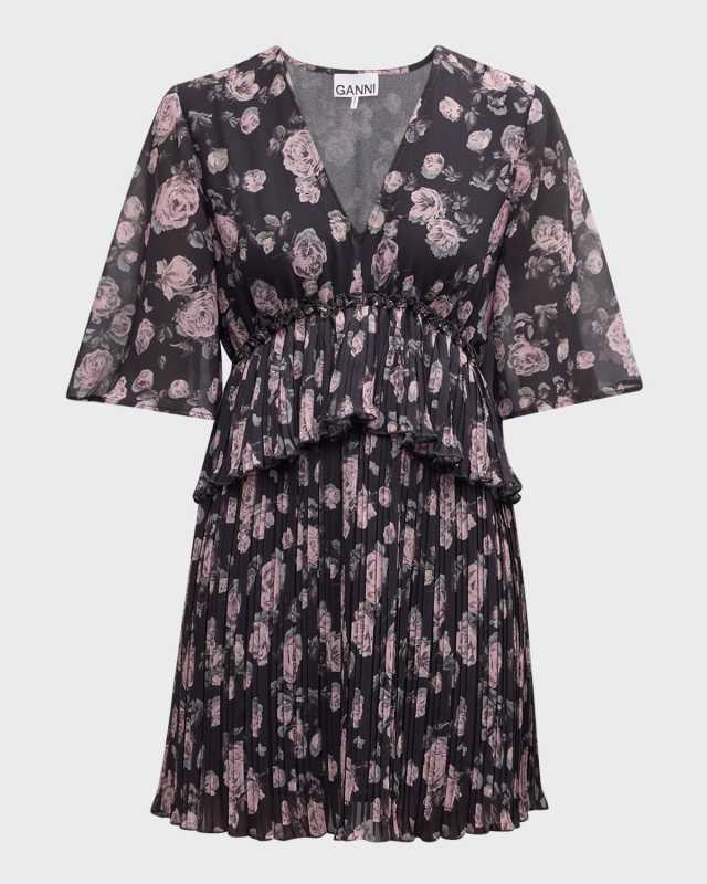 Floral Pleated Georgette Mini Dress