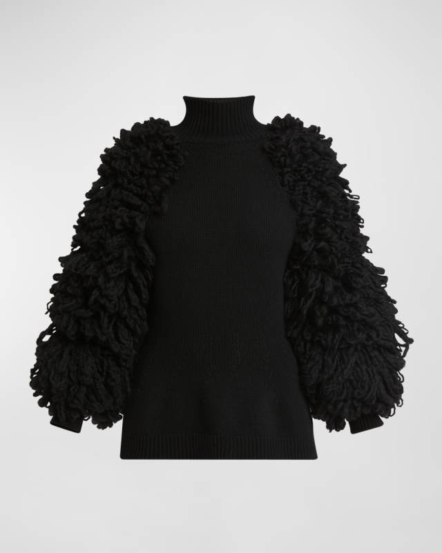 Turtleneck Fringe-Sleeves Wool Sweater