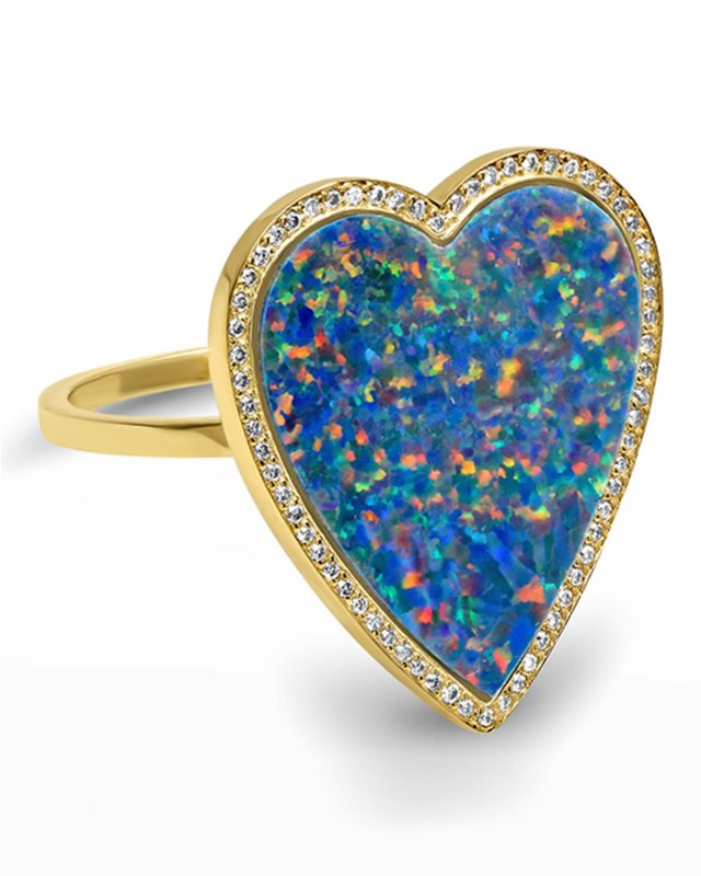 Yellow Gold Blue Opal Inlay Heart Ring with Diamonds, Size 6.5