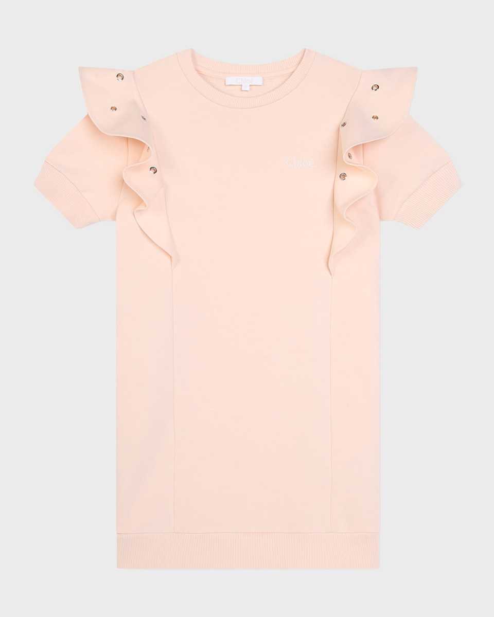 Girl's Embroidered Logo-Print Dress W/ Ruffle Trim, Size 4-5