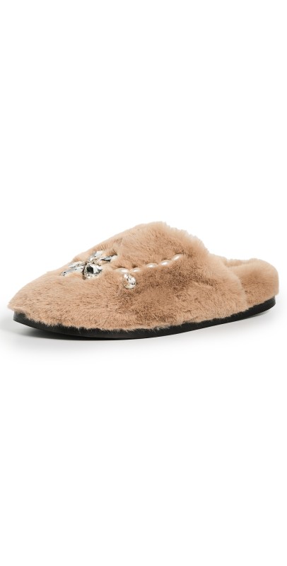 Simone Rocha Furry Slippers with Emblem NATURAL/PEARL/CLEAR