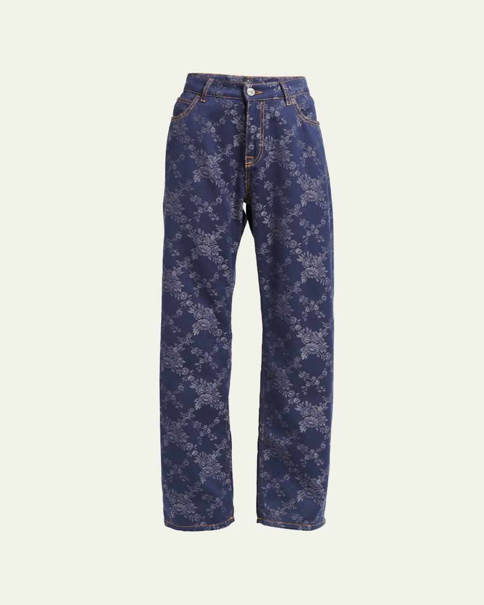 Denim Floral-Print Straight Leg Pants