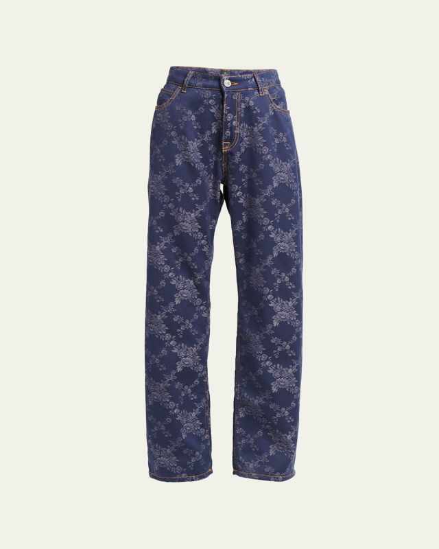 Denim Floral-Print Straight Leg Pants