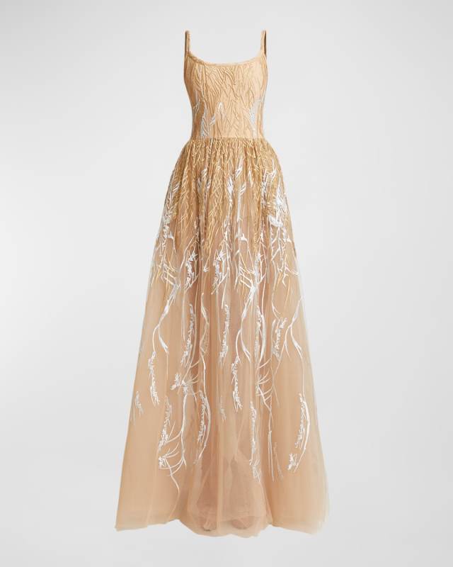 Scoop-Neck Embroidered Tulle Gown