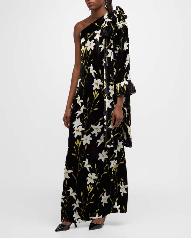 Nel Velvet Floral One-Shoulder Dress with Bow Shoulder